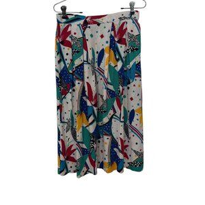 VINTAGE 1980's Linen Midi Skirt Abstract Art Multi Colors Retro Y2K Size SMALL